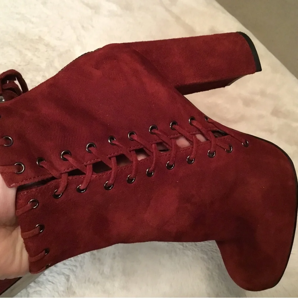 Karl Lagerfeld Sylvia Burgundy Red Chunky Heel Suede Ankle Boots Tassels - 6